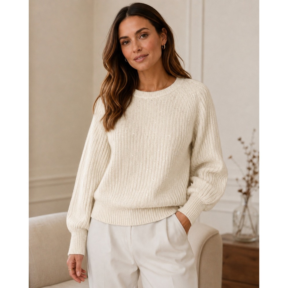 k241.‎ Ivory Ribbed Sequin Metallic Knit Balloon Sleeve Sweater Cozy Feminine